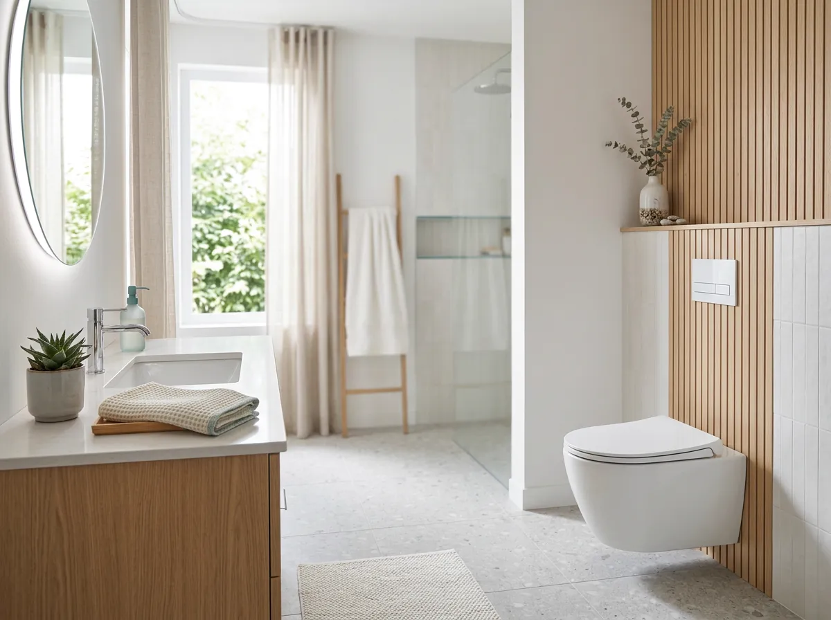 Comfortable, clean modern bathroom with a bidet toilet seat