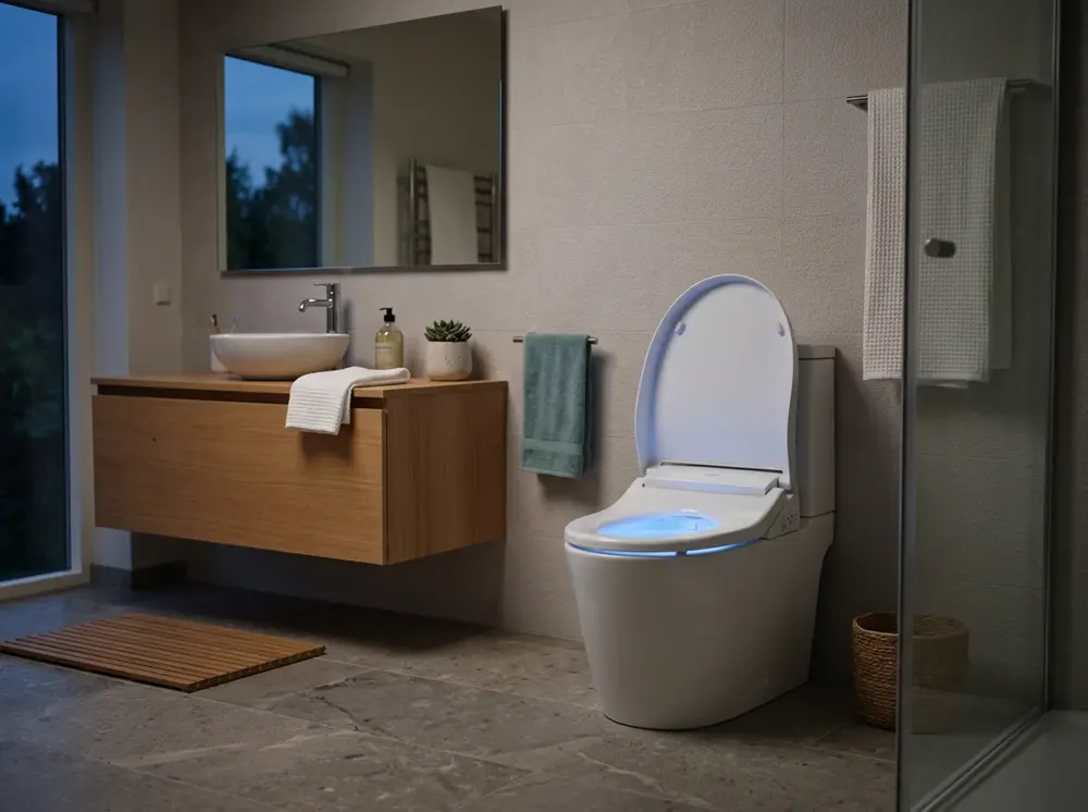 Close-up of a bidet seat's adjustable cleansing wand and soft nightlight