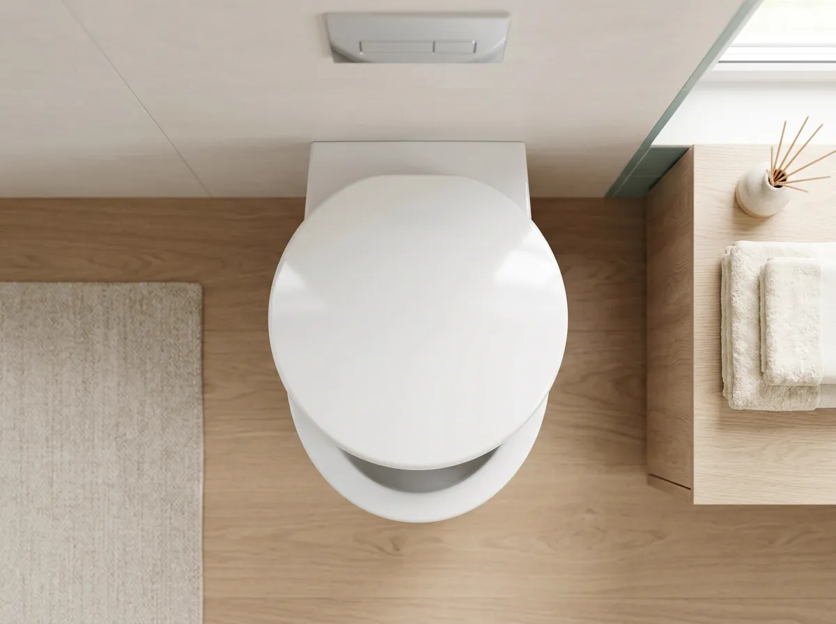 Close-up of a bidet seat's adjustable cleansing wand and soft nightlight