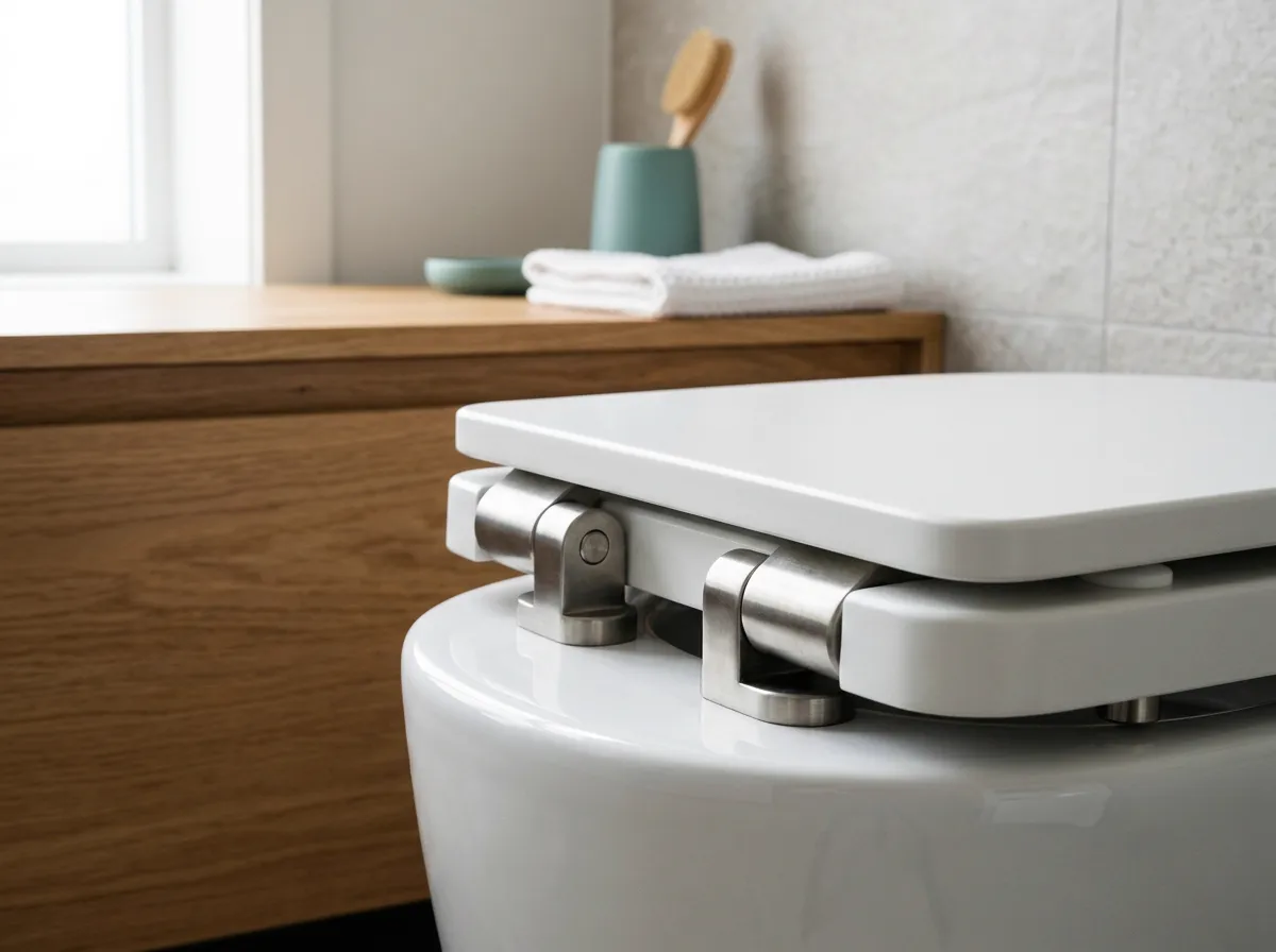 Close-up of a bidet seat's adjustable cleansing wand and soft nightlight