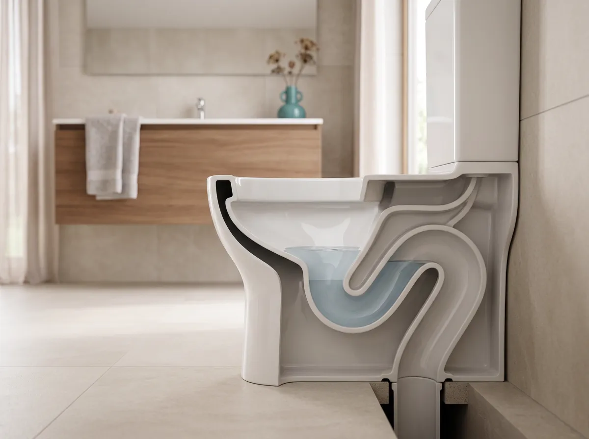 The trapway: the S-bend that holds standing water and blocks sewer gas